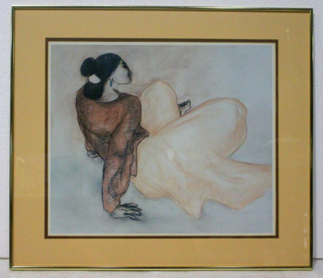Signed R.C. Gorman Native American print seated woman: R.C. Gorman Native American print seated woman signed measures 19" x 23" frame and matte is 3 3/4"