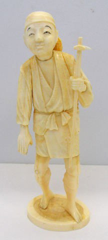 Chinese Carved Ivory Figure of a Man: Handsome Carved Ivory Figure Of A Man Holding A Hoe And Basket On His Back For Reaping Crops. Fine Detail. Measures 7 1/2" High On Small Ivory Plinth. Shipping And Required Insurance Within The Contin