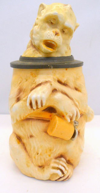 Musterschutz Porcelain Covered Stein.: Beautiful Antique Porcelain Character Stein Of A Drunken Monkey Holding A Beer Stein With Silver Accent. The Bottom Is Marked Musterschutz And The Inside Is Marked O5L. Don’t Let This Rare Find Pass