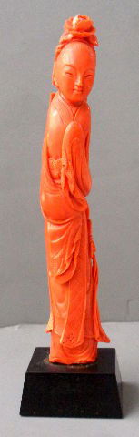 Old Chinese Carved Coral Lady Figurine.: Old Chinese coral lady figurine with fine detailed and matte finish on marble plinth. Expert carving, even color. This lovely statue of a maiden is a true collectors find. Measures 6 3/4" high (includ
