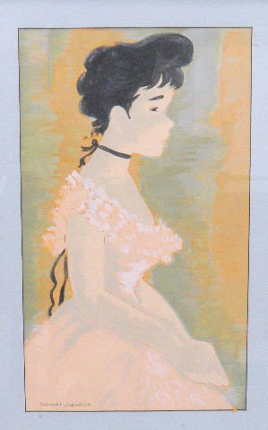 Impressive Suzanne Eisendieck Watercolor.: Impressive, original watercolor of a woman's profile by Suzanne Eisendieck (French, 1908-1998). Born in Dantzig, Germany, she is a prolific artist. This lovely watercolor depicts a young woman seated 