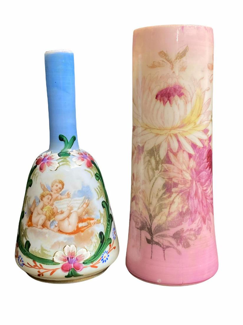 Pair of French Opaline Enameled Glass Vases: Pair of French Opaline Enameled Glass Vases measures 8 1/4"