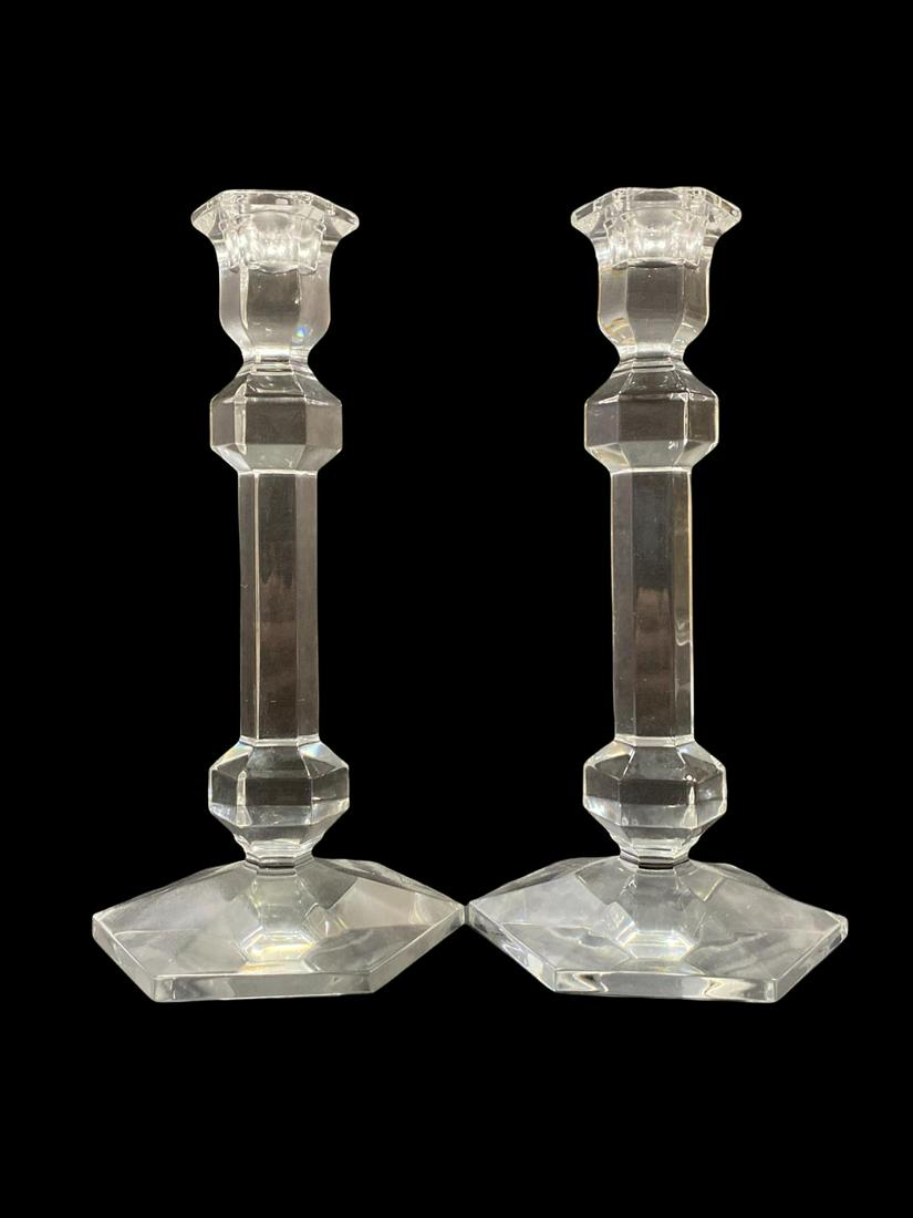 Pair of Val Saint Lambert Glass Candlesticks: Pair of Val Saint Lambert Glass Candlesticks measures H: 9 1/2"