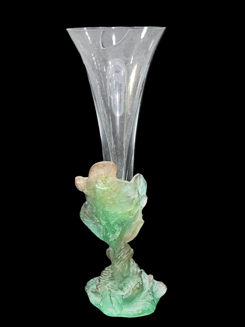 French Daum Pate De Verre Glass and Crystal Vase: French Daum Pate De Verre Glass and Crystal Vase measures H: 13 1/2". Sold as is