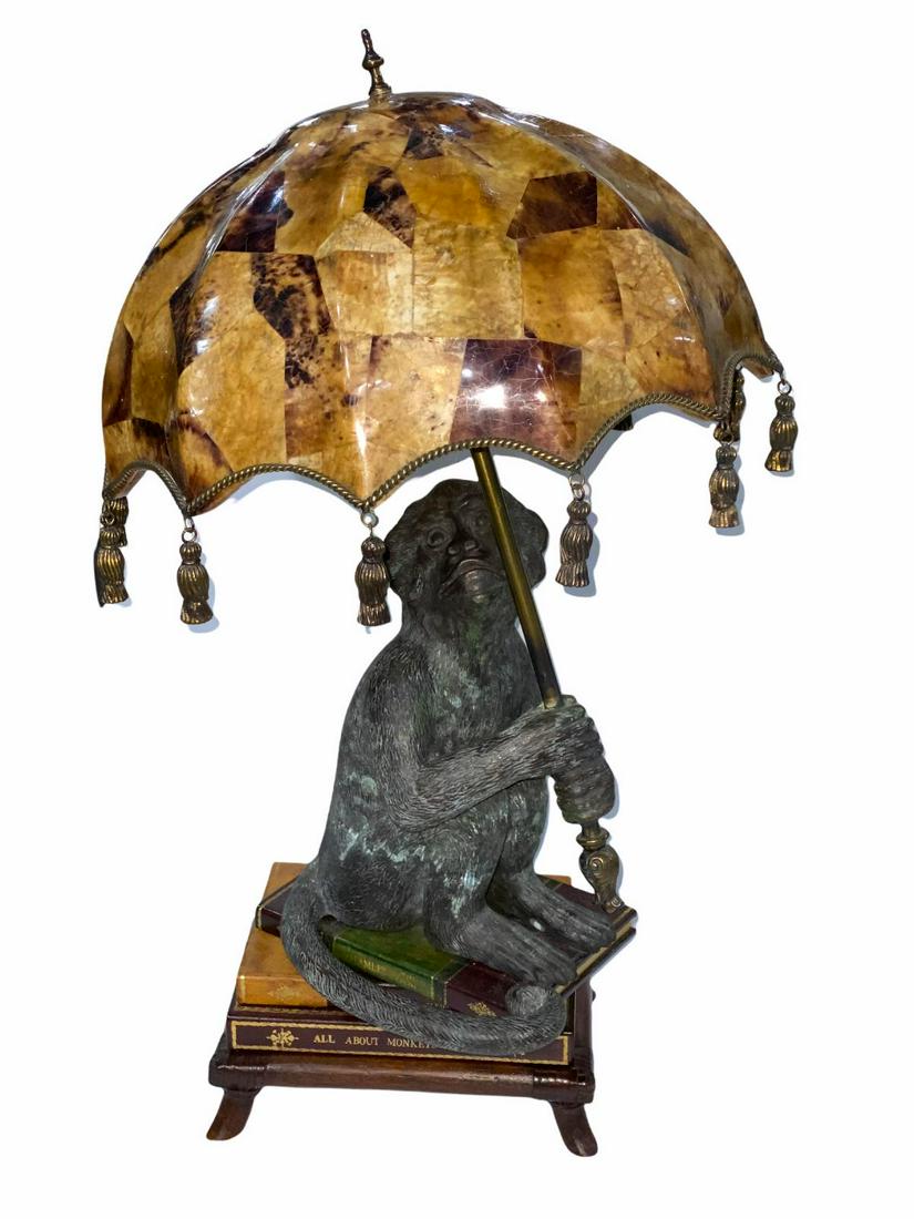 Maitland Smith Bronze Monkey and Books Patinated Bronze Two Light Table Lamp: Maitland Smith Bronze Monkey and Books Patinated Bronze Two Light Table Lamp penshell lampshade measures H: 30" x DIA: 18"
