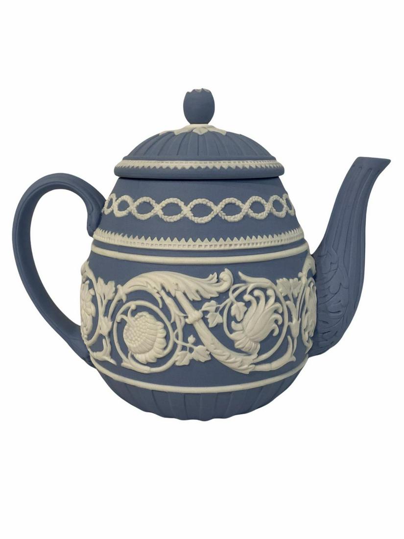 Wedgwood Jasperware Blue and White Relief 250th Anniversary Teapot: Wedgwood Jasperware Blue and White Relief 250th Anniversary Teapot measures 6 1/2" x 8"