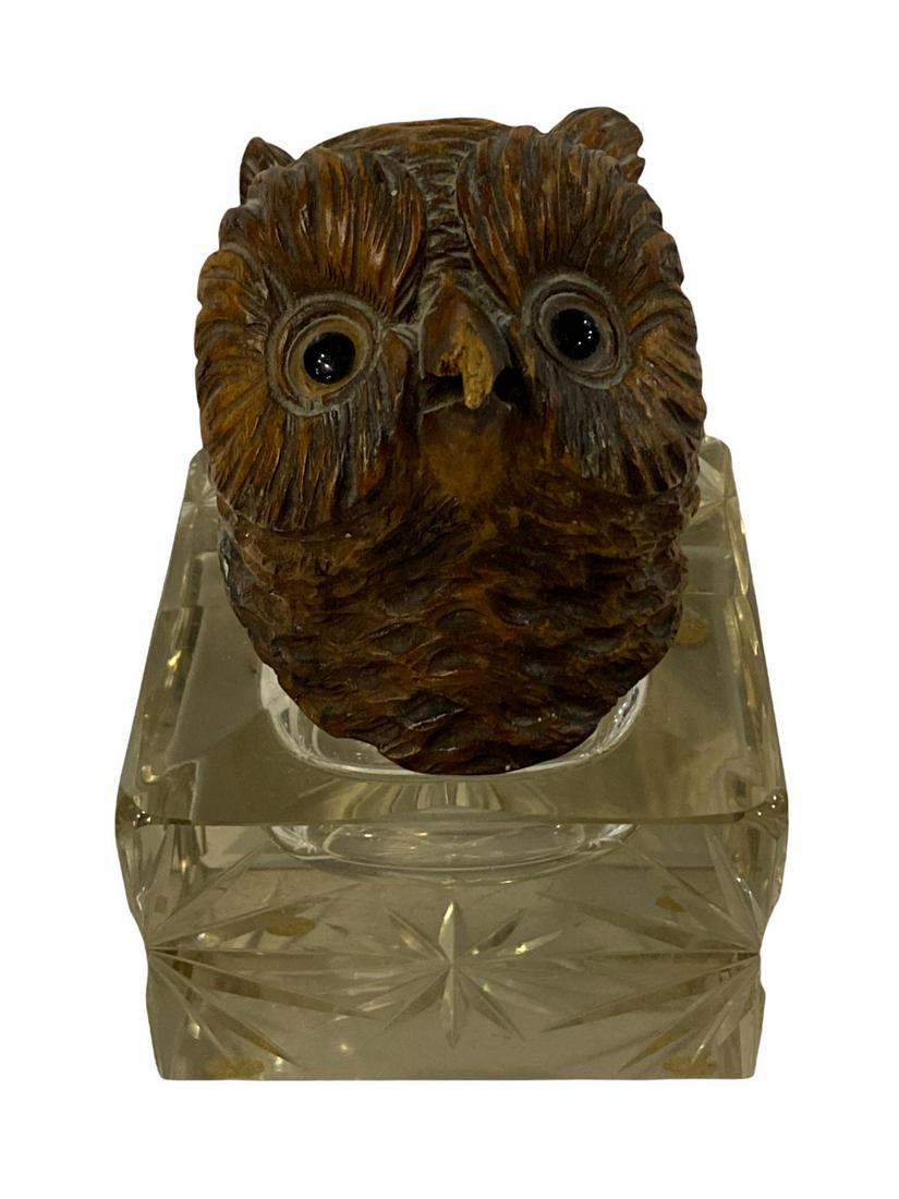 Hand Carved Black Forest and Cut Crystal Owl Figure Inkwell: Hand Carved Black Forest and Cut Crystal Owl Figure Inkwell measures 6" x 4" x 4", Sold as is.