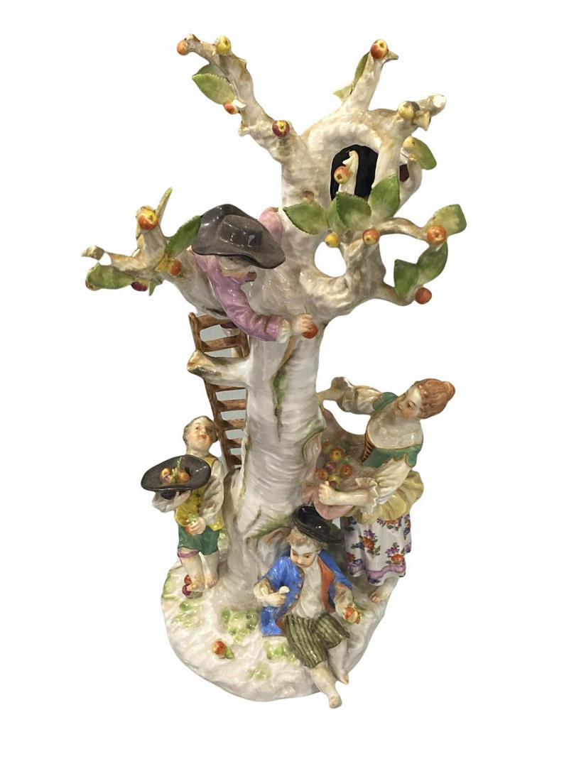 Meissen Porcelain Group of Figures Climbing a Tree: Meissen Porcelain Group of Figures Climbing a Tree, Marked with Blue Crossed Swords on base measures H: 10". Sold as is