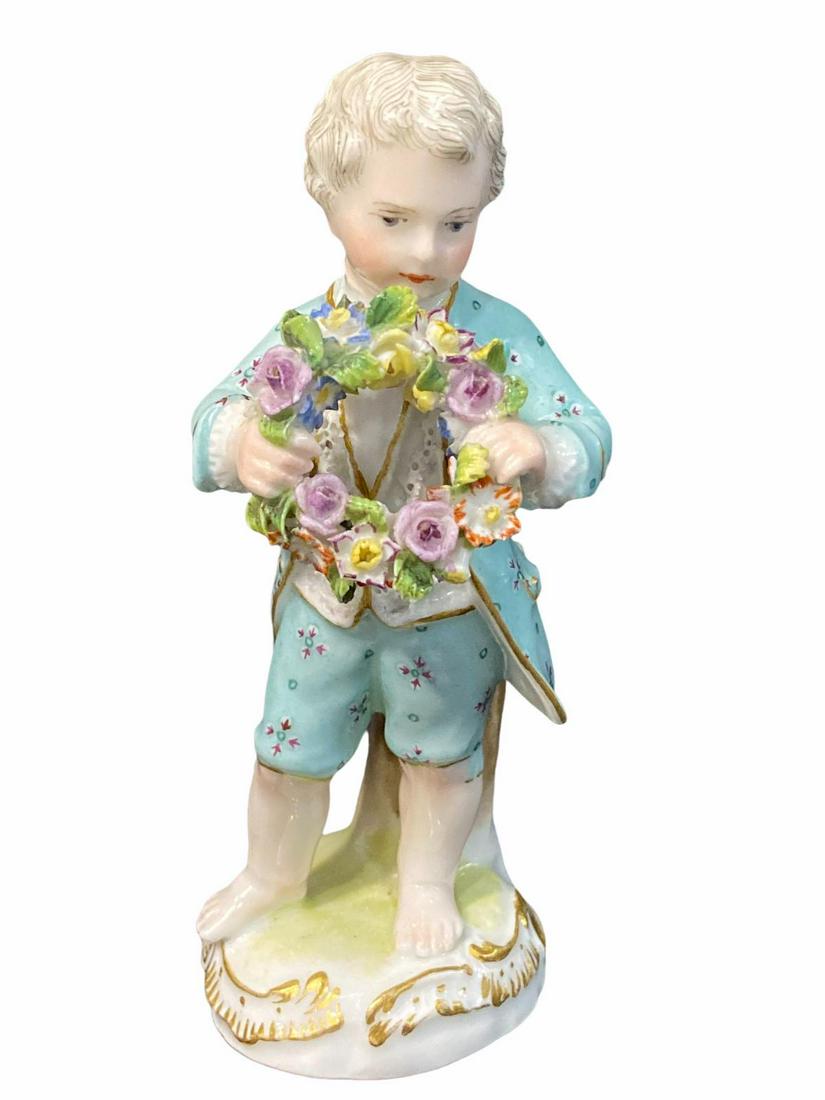 Meissen Style Porcelain Little Boy with Flower Figure: Meissen Style Porcelain Little Boy with Flower Figure measures H: 5"
