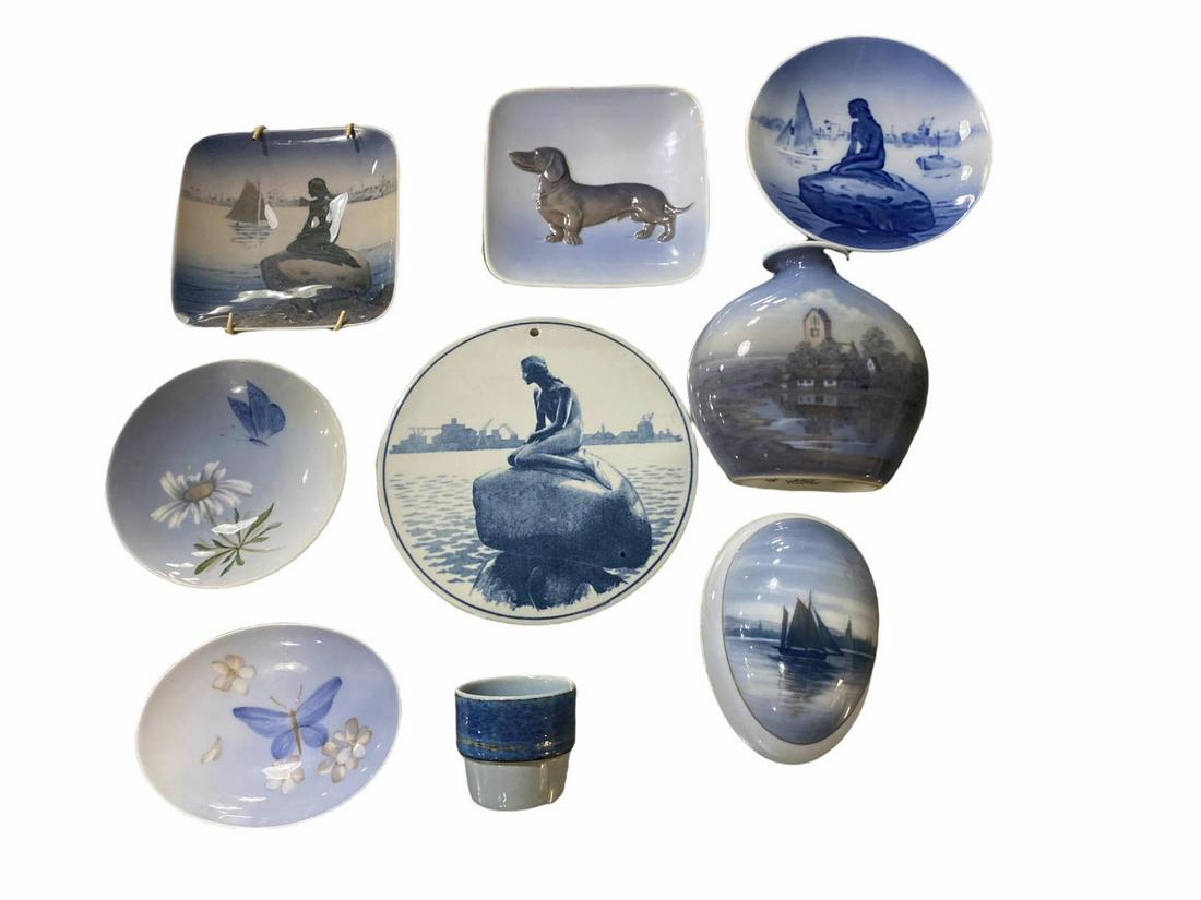 Lot of Nine Royal Copenhagen Porcelain Misc Set: Lot of Nine Royal Copenhagen Porcelain Misc Set includes 2 Vases, 1 egg, 4 plaques, 2 trinket dishes. Largest measures H: 7 1/8"