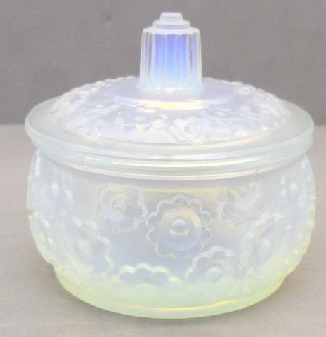 Sabino Frosted Glass Covered Box: Sabino covered box. It has a frosted design with raised flowers all around it. The bottom has a sinature impressed on it "Sabino France". Measures 2 1/4 inch height x 2 3/8 inch diameter. Item is in v