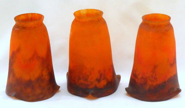 Muller Fres Luneville Art Deco Glass Amber Shades: Set of 3 Muller Fres Signed Art Deco art glass chandelier shades. These beautiful shades are in gradiant amber tones. The are all signed and in very good condition with no chips or cracks. Shipping Wi