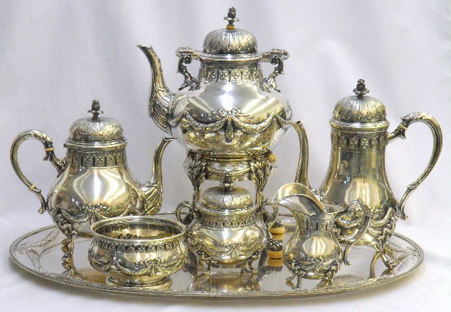 Antique German 800 Silver Coffee / Tea Service: Beautiful 7 piece antique German silver coffee and tea service. This set includes a coffee pot 10 3/4" x 9" handle to handle, teapot 9" height x 10" handle to handle, creamer 5 1/2" x 5 1/2" wide, , s