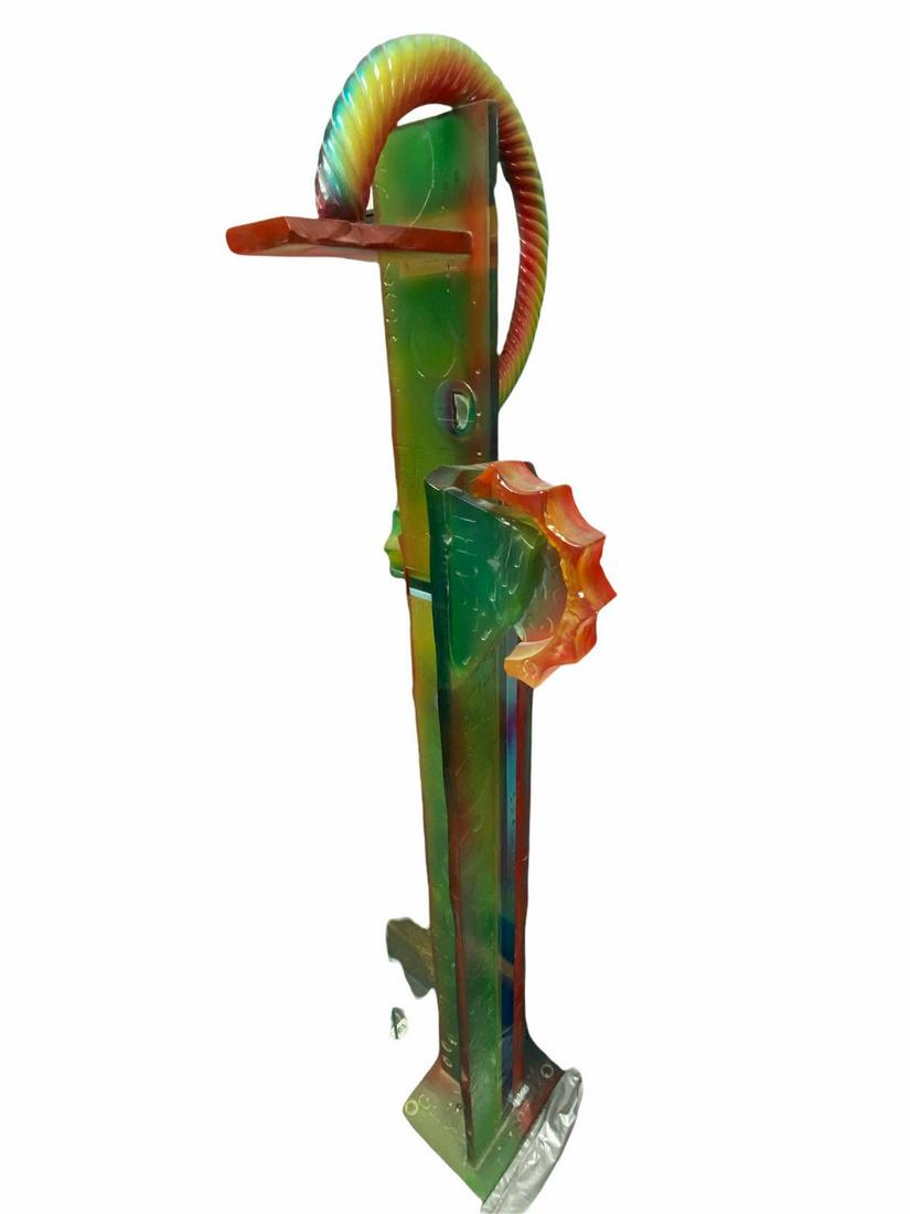 Signed Susan Pelish Alphabet Art Glass Sculpture: Signed Susan Pelish Alphabet Art Glass Sculpture. Art glass sculpture with leather and number motifs measures H: 67" x 15" x 15"