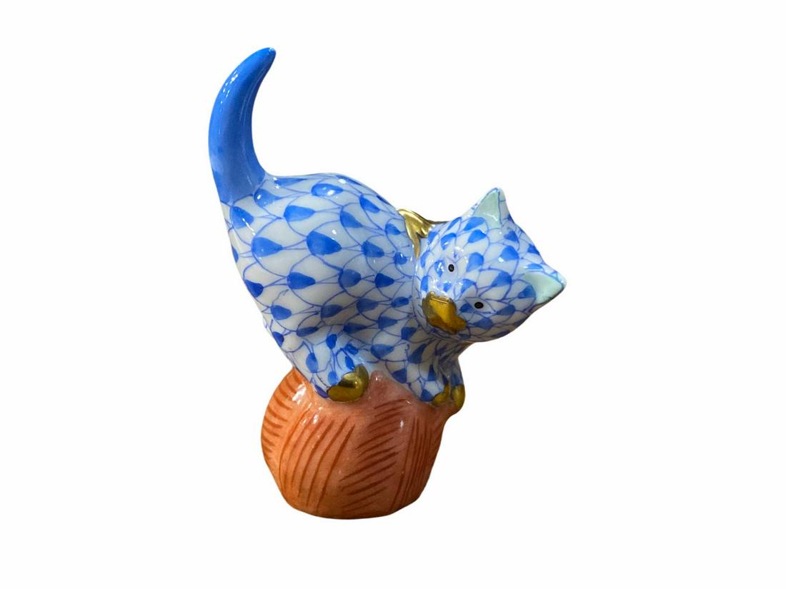 Herend Hungary Porcelain Blue Fishnet Kitty Figure: Herend Hungary Porcelain Blue Fishnet Kitty Figure measures 2"