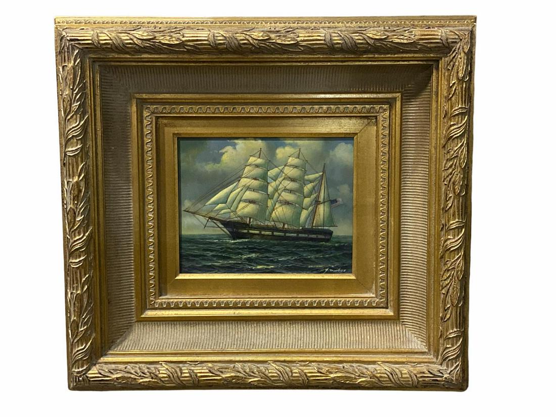 Signed European Style Oil Painting on Board Sea and Ship Scene with Carved Gilt Frame: Signed European Style Oil Painting on Board Sea and Ship Scene with Carved Gilt Frame measures 7" x 9", 6" frame, signed lower right