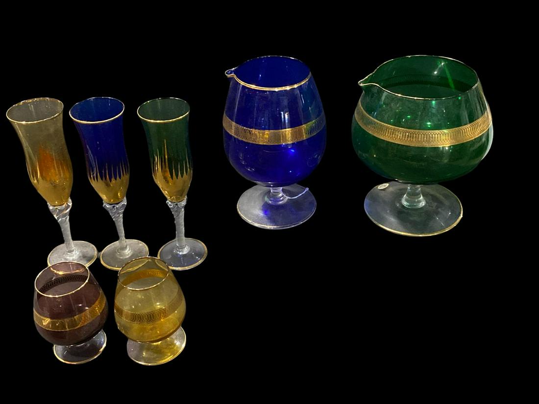 Lot of 7 Balboa Venetian Murano Gold Gilt Colored Goblets, Champagne and Wine Glasses: Lot of 7 Balboa Venetian Murano Gold Gilt Colored Goblets, Champagne and Wine Glasses includes two goblets, three champagne glasses and two wine glasses, largest measures H: 8 1/2"
