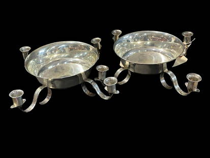 Pair of Mid-Century Tiffany & Co Sterling Four-Light Candelabras & Flower Bowl Centerpiece's: Pair of Mid-Century Tiffany & Co Sterling Four-Light Candelabras & Flower Bowl Centerpiece's 23312 M. Bowl measures W: 8 1/2" and candle stick holders 16" apart, each weighs 33.10 OZT, 34.40 OZT and