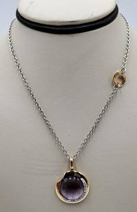 Talento Italy 18K Amethyst & Diamond Modernist 2-Tone Pendant Necklace: Designer signed Talento, Italian 18k two rose and white gold modernist pendant featuring a large amethyst center stone approx. 2.00ct and accented with approx. 0.12ctw. Pendant is accompanied with a
