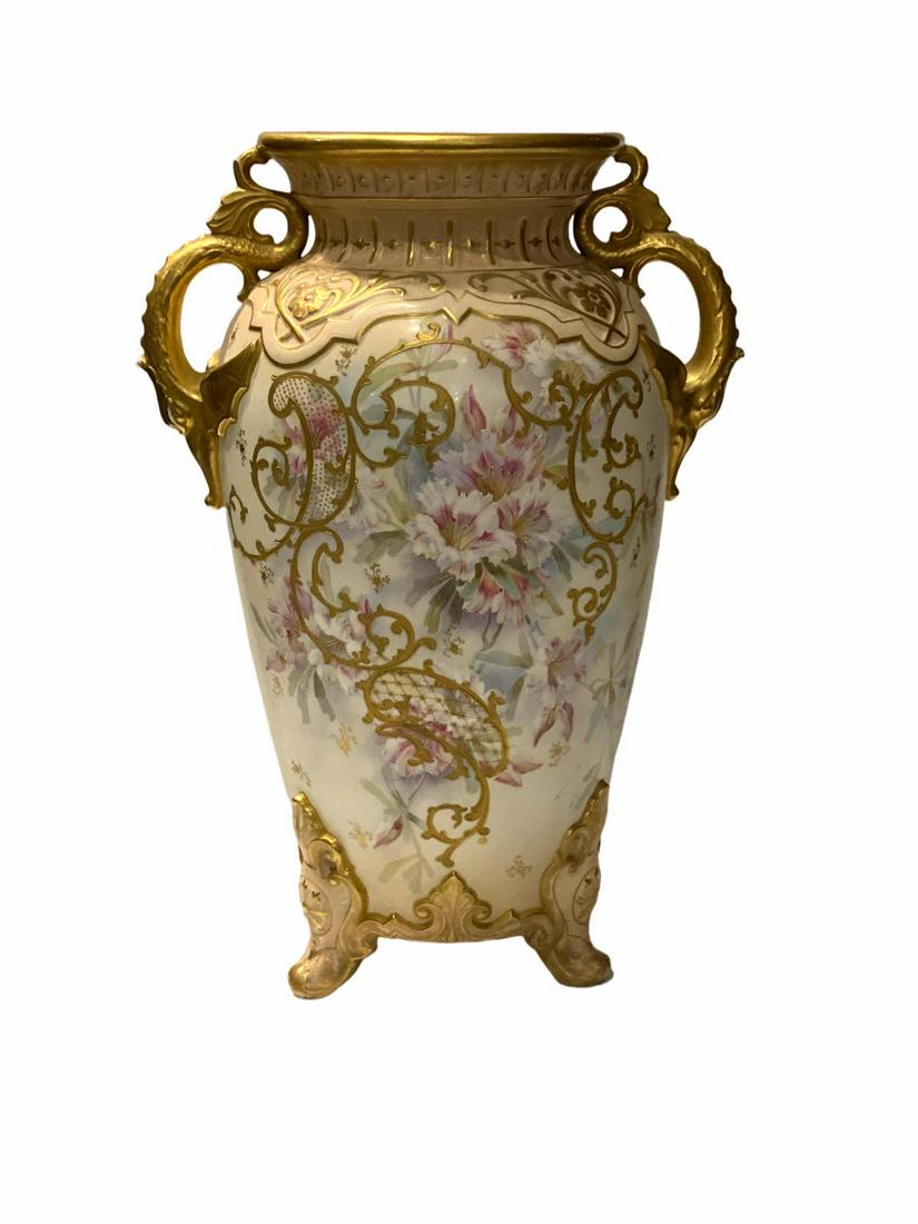Royal Bonn Germany Porcelain Two Handled Floral Design Vase: Royal Bonn Germany Porcelain Two Handled Floral Design Vase measures H: 17" x W: 12"