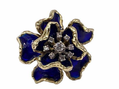 Italian 14kt YG, Blue Enamel and Diamond Ring: Italian 14kt YG, Blue Enamel and Diamond Ring size 8 1/2, 13.6DWT