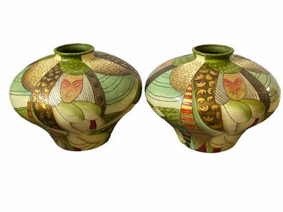 Pair of Art Deco Hand Painted Porcelain Vases Decorated with Nude Woman: Pair of Art Deco Hand Painted Porcelain Vases Decorated with Nude Woman measures H: 12" x W: 18"
