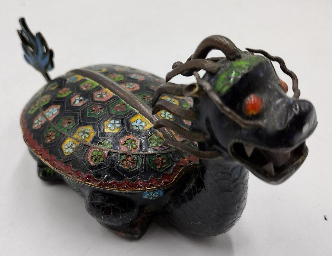 Rare Antique Chase Cloisonne Enameled Dragon Turtle Trinket Box: Rare Antique Chase Cloisonne Enameled Dragon Turtle Trinket Box measures H: 2 1/2" x L: 5"