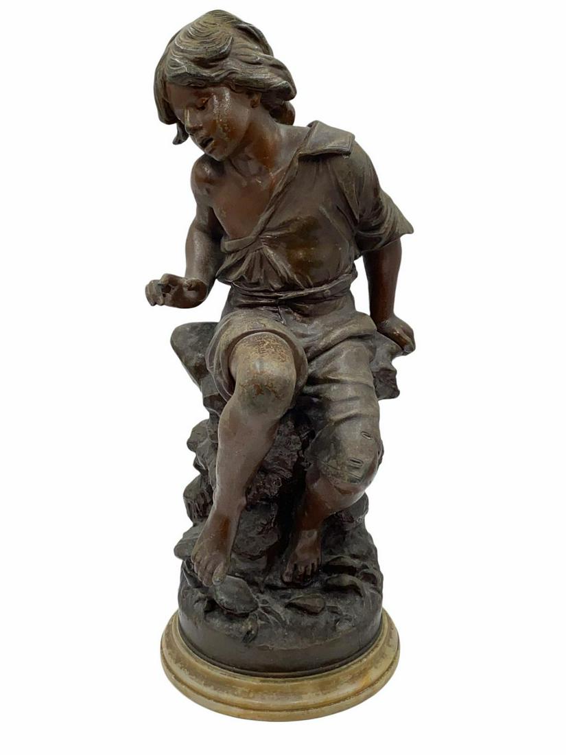 Signed French Metal Boy with Crab Statue by Auguste Moreau: Signed French Metal Boy with Crab Statue by Auguste Moreau, signed on base measures H: 18". Missing one finger, sold as is