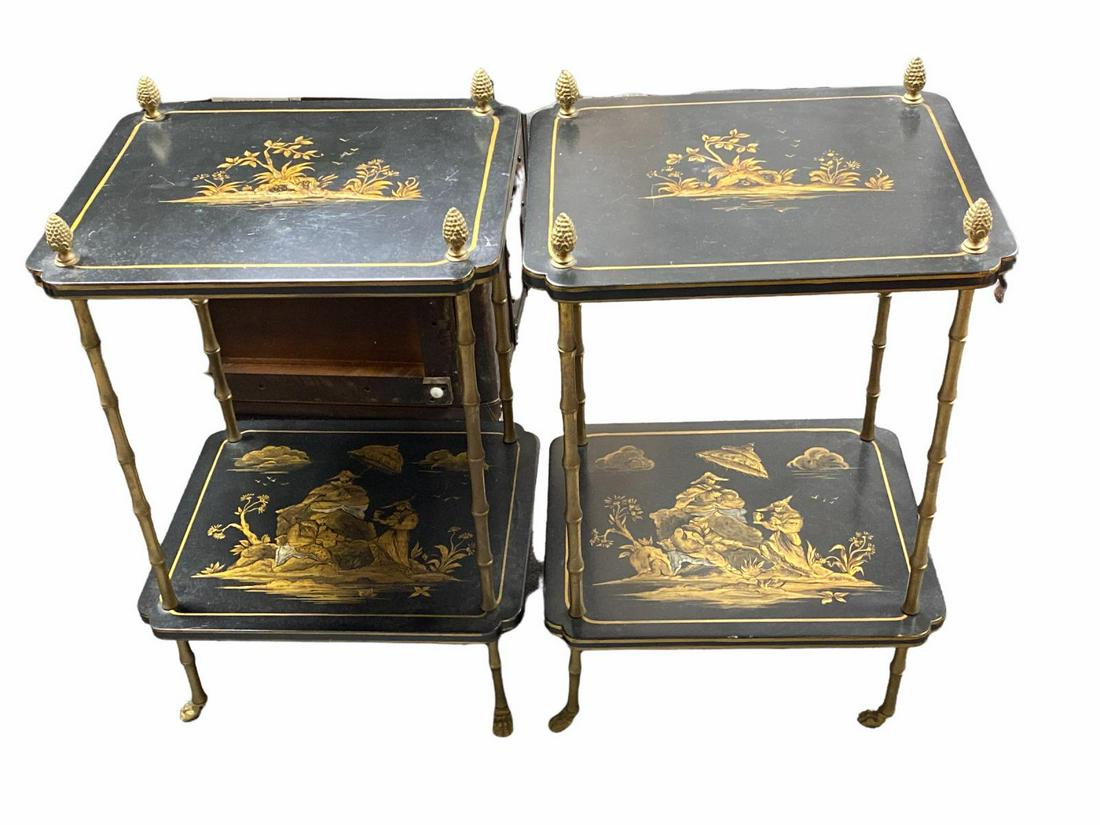 Pair of Black Lacquer and Brass Mounted Two Tier Side Table: Pair of Black Lacquer and Brass Mounted Two Tier Side Table measures H: 26" x L: 15" x W: 18"