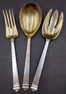 3pcs Tiffany & Company "Hampton" Sterling Silver Serving Pieces: A lot of 3 Tiffany & Company American sterling silver serving pieces in the "Hampton" pattern to include a salad serving set (longest piece approx. 9 3/8") and a cold meat serving fork (9"). Total