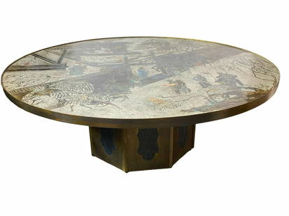 Philip Laverne (American, 1907-1987) and Kelvine (B. 1937) Chan Coffee Table Acid Etched and: Philip Laverne (American, 1907-1987) and Kelvine (B. 1937) Chan Coffee Table Acid Etched and Patinated Brass Pewter Wood measures H: 17 7/8" x DIA: 47", molded Philip + Kelvin Laverne in brass at top