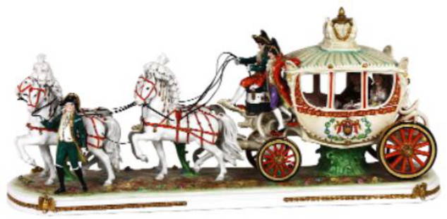 Germany Dresden Porcelain Carriage Clock Group (C. 1900): Germany Dresden Porcelain Carriage Clock Group (C. 1900) Probably Rudolstadt The Underside Marked in Blue Germany The Royal Carriage containing the Emperor and Emperess harnessed to four fully