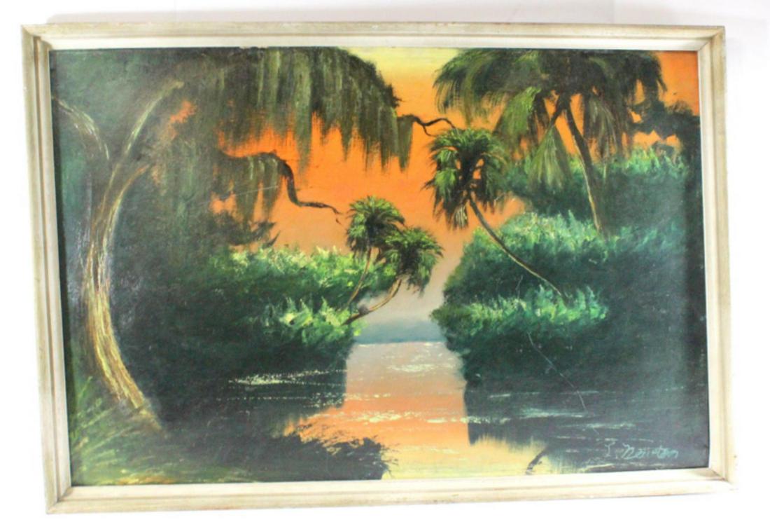 Signed Lemuel Newton Florida Highwaymen Painting on Board Landscape Scene: Lemuel Newton florida highwaymen landscape scene painting on board signed lower right measures 23 1/4" H x 35" W frame is 1 1/2