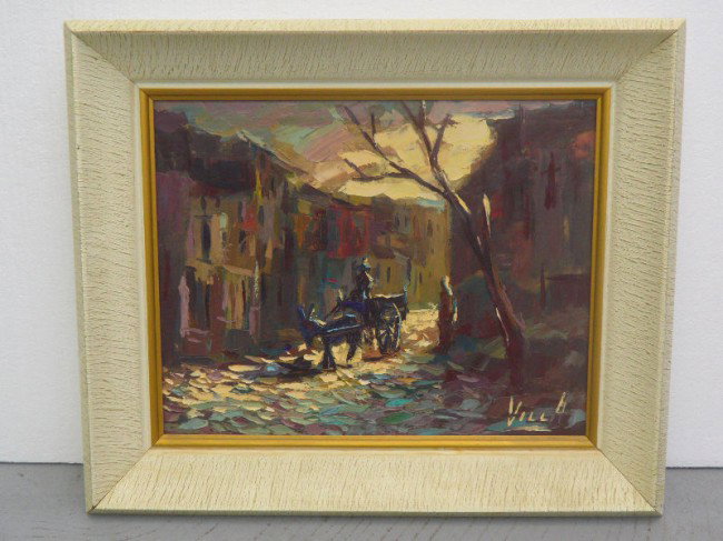 Original Oil Painting by Villa: Fine original oil painting on canvas signed Villa. The shades and light combination are just perfect on this portrayal of a man being drawn by his donkey down a rocky street. The frame is a rustic woo