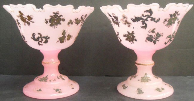 Gorgeous Vintage Pink Opaline Glass Compotes: Gorgeous vintage pink satin opaline glass compotes with silver overlay. They are both truly magnificent and can be decorative or utilitarian as fancy candy dishes. Either way these beauties should not
