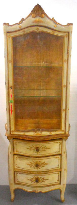 Italian Antique Florentine Curio Cabinet: Italian Antique Florentine Curio Cabinet with single door and 2 glass shelves with 3 drawers. Measures 68 1/2" high x 25" wide. Please call for shipping plus required insurance quotes 561-585-9999 or