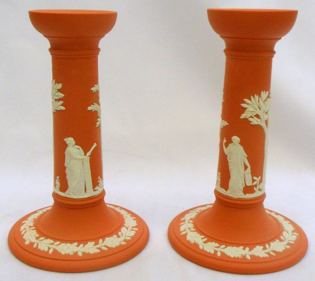 Wedgwood Jasperware Candle Holders: Both rose Jasperware candle holders have aristrocratic scenes and oak leaf borders. Wedgwood manufactures qualify ceramics combining sophisticated classical design with highly skilled craftmanship. Ma