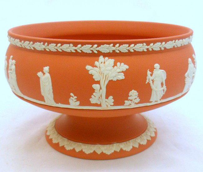 Wedgwood Jasperware Imperial Bowl: Beautiful cream color on salmon Jasperwave Imperial Bowl by Wedgwood. Created by Josiah Wedgwood this unique stoneware is named after the natural stone Jasper and has become known for its beauty and d