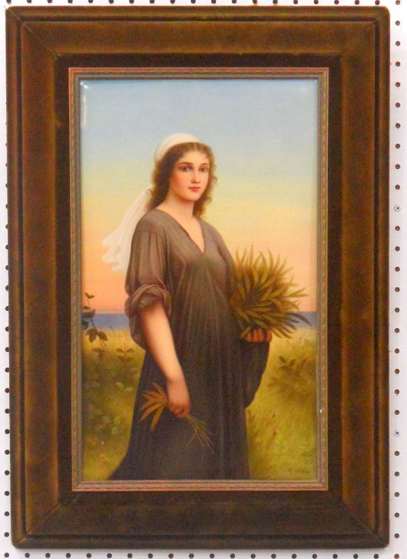 Antique KPM Porcelain Plaque Ruth in the Cornfield: Important antique KPM porcelain plaque Signed by R Dittrich, painted with Ruth in the Cornfield after Landelle. The plaque depicts a biblical woman figure, Ruth holding a wheatsheaf and standing in a