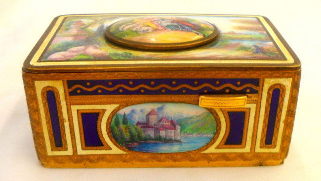 Important German Bronze and Enamel Bird Box: Highly collectible German hand-painted bronze and enamel bird box. Has a mechanical singing bird . Hand-painted landscape scenes on all sides and a romantic scene on center of the lid. Bird box is in 