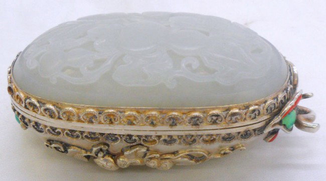 Antique Mongolian Jade & Silver Box: Mongolian Jade and Silver Box with the jade featuring fine detail and traditional Mongolian design in high relief. Don't miss out on this rare opportunity to own a piece of Mongolian nobility's histor