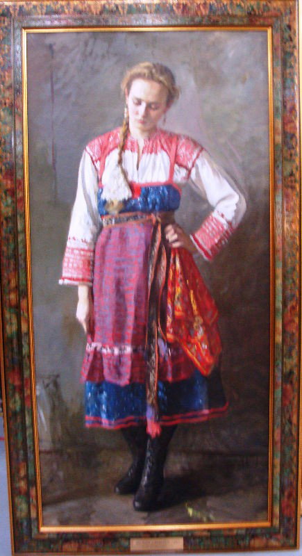 Vitali Shvedul Signed Painting, Girl with Kerchief: Original Vitali Shvedul Signed oil on canvas painting, titled Girl with Hankerchief. Framed and signed by the artist on the back. Measures 54"by 27". For Shipping & Insurance Quotes, Please email us a