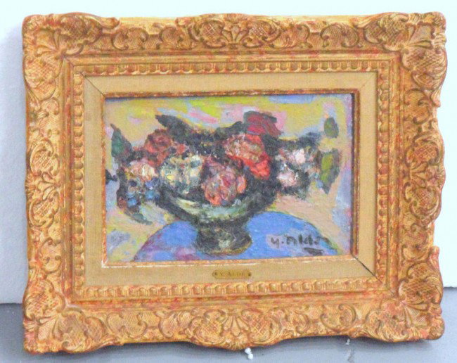 Yvette Alden (French 1911-1967) Oil Painting: Important oil painting on canvas depicting a still life of flowers, signed Y. Alden on the lower right side. It has a artist name plate which shows her complete name "Yvette Alden". On back it shows t