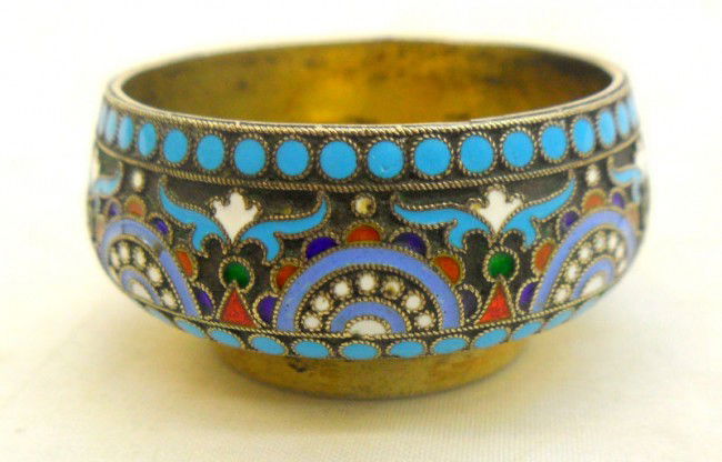 Russian Silver & Enamel Salt Cellar: Russian Silver & Enamel Salt Cellar. Fully hallmarked on bottom. Measures 7/8" high x 2" wide. Shipping within the continental US is $10 plus Required insurance. For international shipping and require