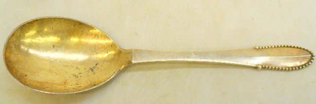 Georg Jensen Sterling "Beaded" Berry Spoon: Georg Jensen Sterling Silver "Beaded" large berry spoon marked Georg Jensen Sterling on back. Measures 9" high x 2 1/2" wide. Shipping within the continental US is $15 plus Required insurance. For int