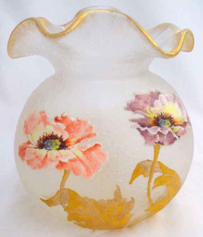 Mont Joy Art Glass Vase: Late 19th Century Mont Joy art glass vase. Beautifully decorated in floral design in red, purple and gold enameling on translucent textured glass. The vase features a bulbous body design with a ruffle