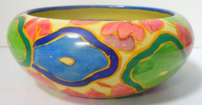 Clarice Cliff Fantasque "Blue Chintz" Bowl: Clarice Cliff Fantasque hand-painted bowl in the "Blue Chintz" pattern, c.1932. With original Christie's Auction label (some losses to interior paint). This is a great piece of bizarre ware and measur
