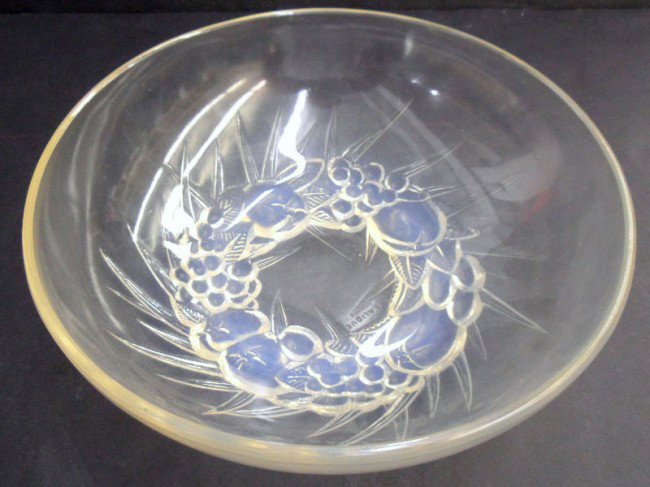 R. Lalique "Mont Dore" Crystal Bowl: Stunning opalescent bowl with fruit decoration by Rene Lalique entitled "Mont Dore", c. 1930. Rene Jules Lalique was a glass designer renowened for such stunning creations as this piece. Signed R. Lal