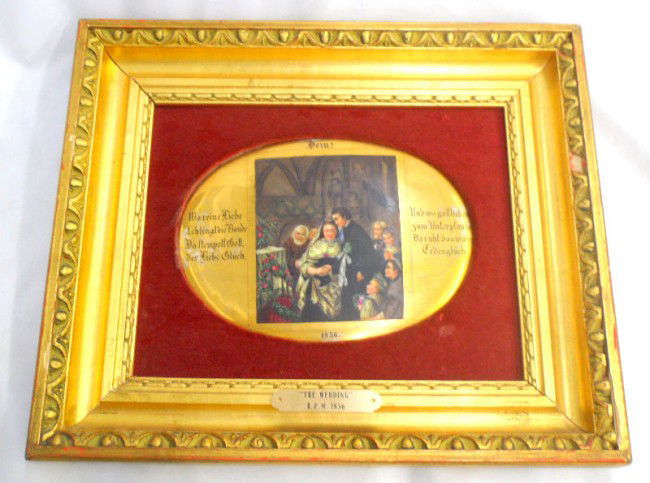 Antique KPM Porcelain Placque: Rave antique KPM porcelain placque entitled "The Wedding" and dated 1856. The placque itself features the married couple and guests with the announcement of the marriage in German. The piece itself is