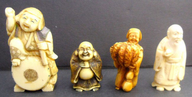 Collection of Four Ivory Netsukes: Four finely detailed ivory netsukes featuring an old man, boy on a drum, mand with a gourd and a fat man. Netsuke's were originally designed a strictly utilitarian and have evolved into objects of gre